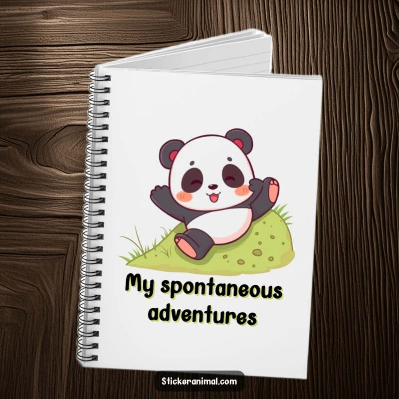 Funny notebook with a playful panda bear tumbling down a grassy hill, perfect for jotting down fun ideas.