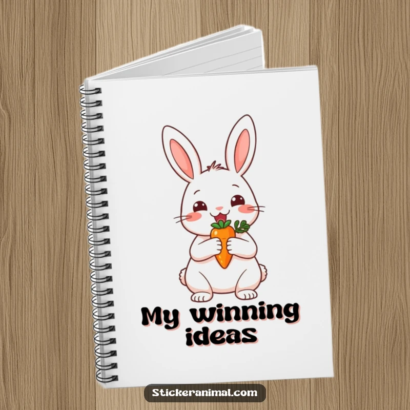 Funny notebook cover with a cheerful rabbit holding a tiny carrot trophy, perfect for notes and planning successes.