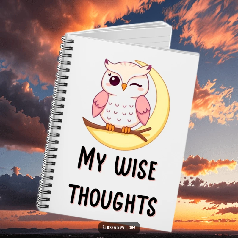 Funny winking owl notebook with a playful owl winking on a crescent moon, perfect for capturing ideas with nocturnal humor.