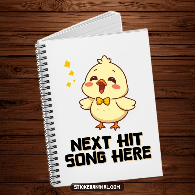 Funny chick with a yellow bow on a notebook cover, singing and ready for note-taking. Ideal for writers.