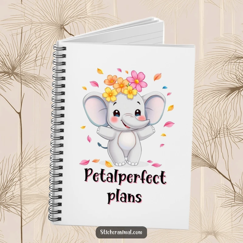 Funny elephant notebook cover featuring a smiling character juggling colorful flower petals, perfect for jotting down notes with a touch of whimsy.