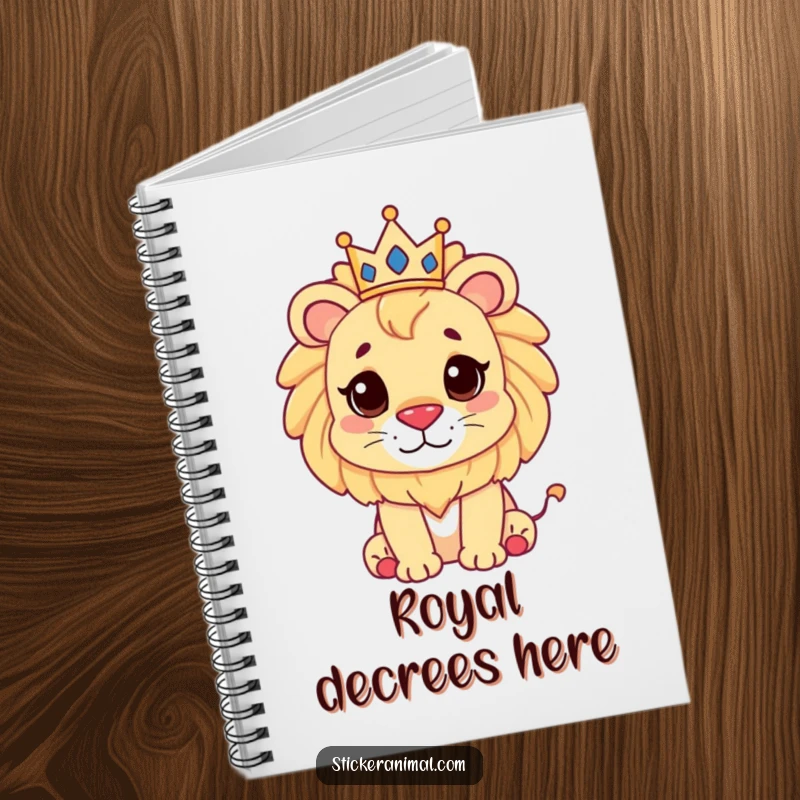 Funny cute lion character wearing a miniature crown on a notebook cover, encouraging regal and humorous entries.