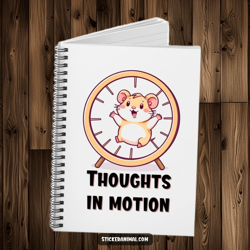 Funny hamster notebook featuring a happy character running inside a giant spinning wheel, inspiring energy and productivity.