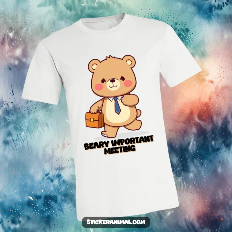 Funny t-shirt print of a happy bear holding a briefcase, confidently walking forward, projecting a positive and humorous attitude.