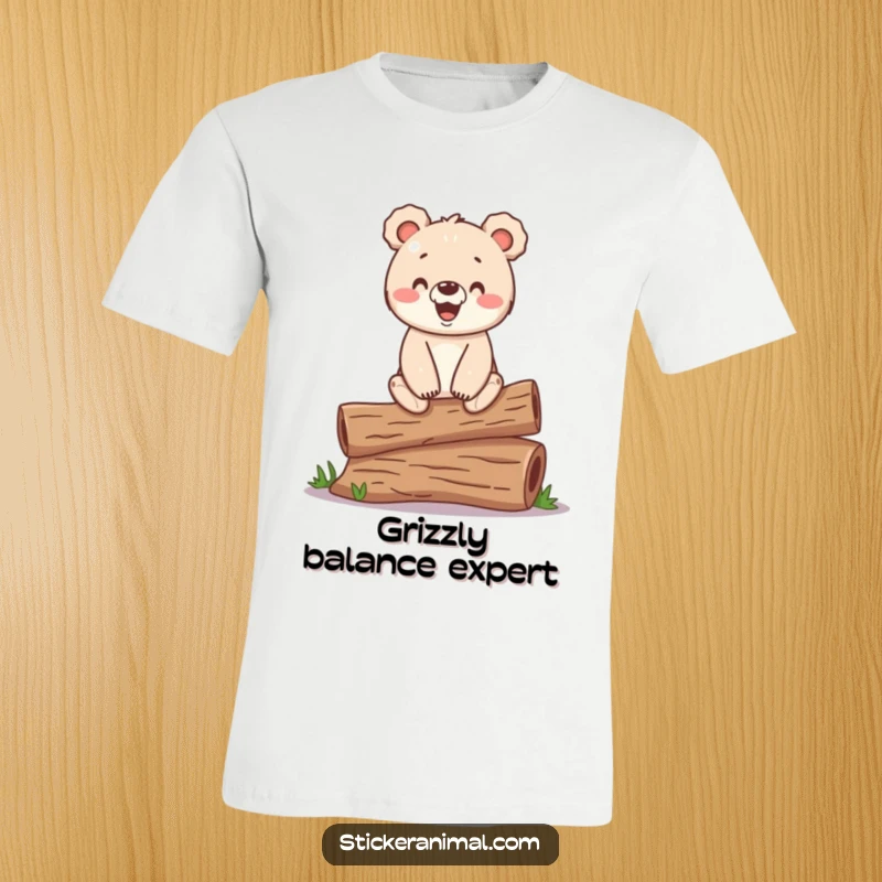 Funny t-shirt featuring a happy bear cub balancing on a log, perfect for outdoor enthusiasts and humor.