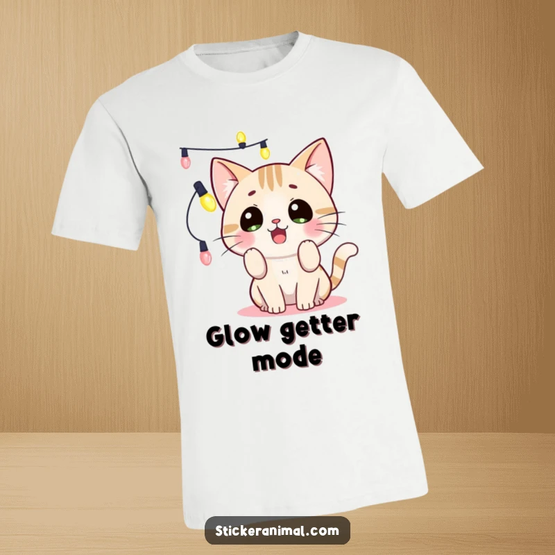 Funny surprised cat tangled in Christmas lights on a t-shirt, full of playful energy, a great funny gift.