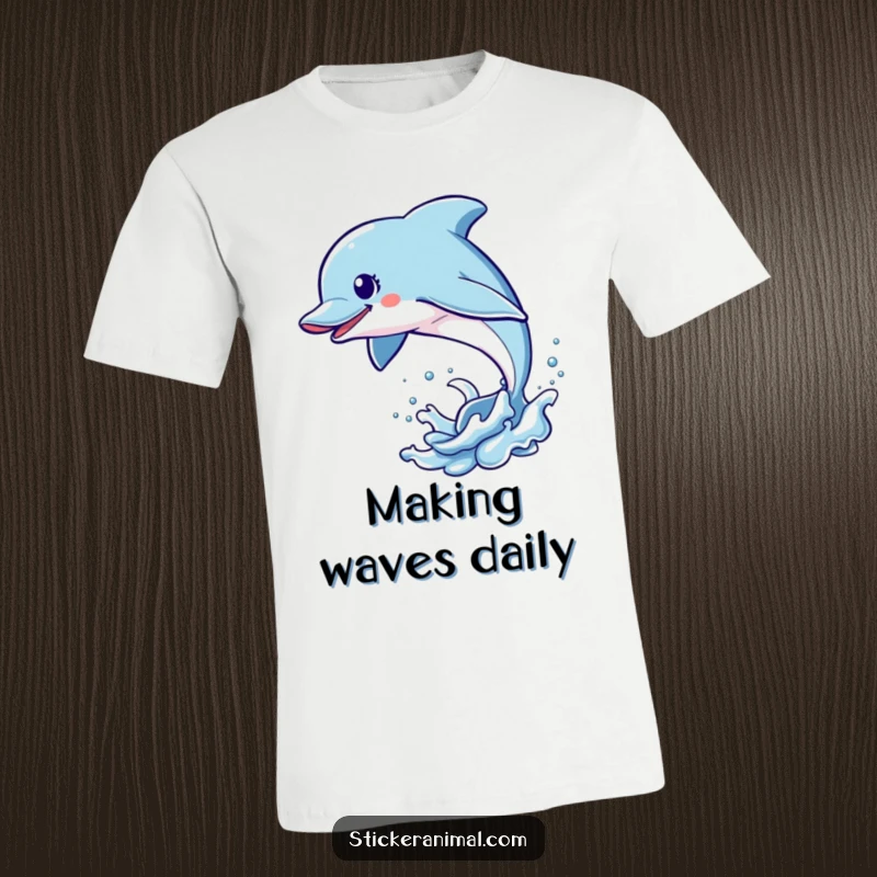Funny Dolphin Leap T-Shirt showcasing an energetic dolphin character mid-leap out of the water, embodying pure aquatic joy and humor.