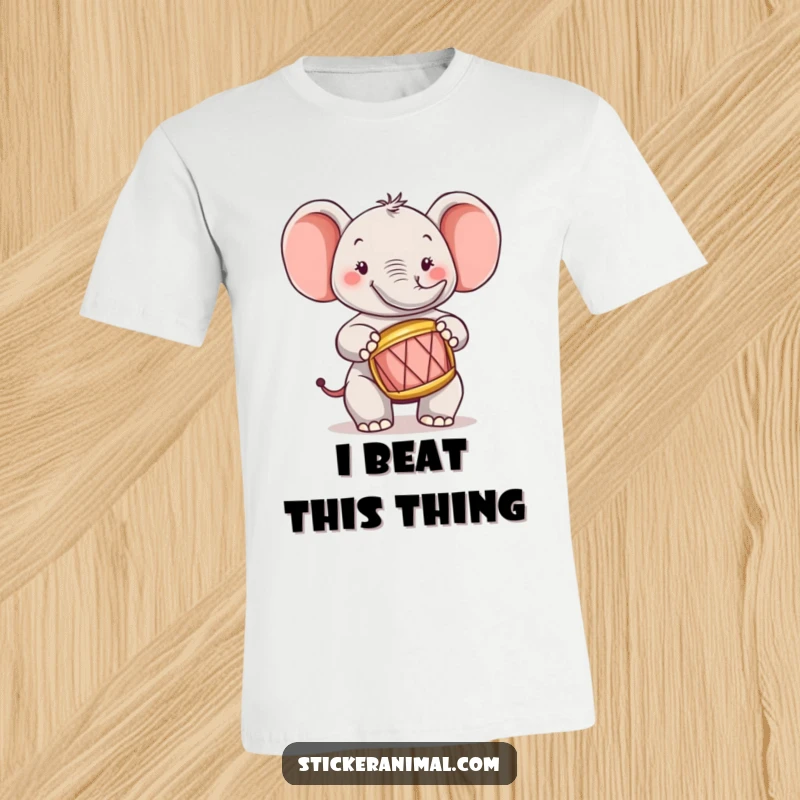 Funny cheerful elephant character enthusiastically playing a small drum, showcasing a fun and musical personality.