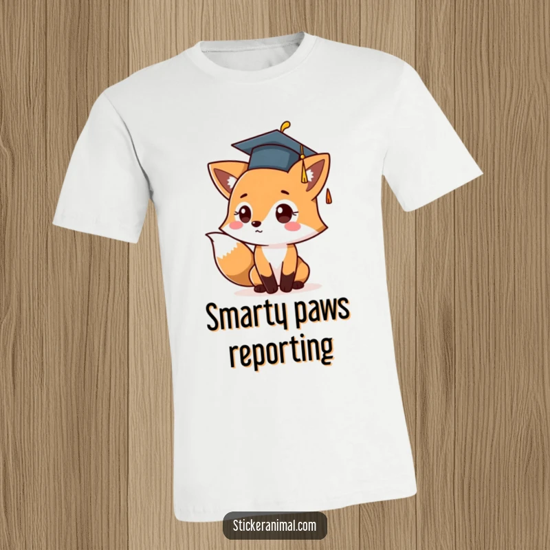 Funny t-shirt with a cute fox character in a graduation cap, joyfully tossing it high in a celebratory, hilarious moment.