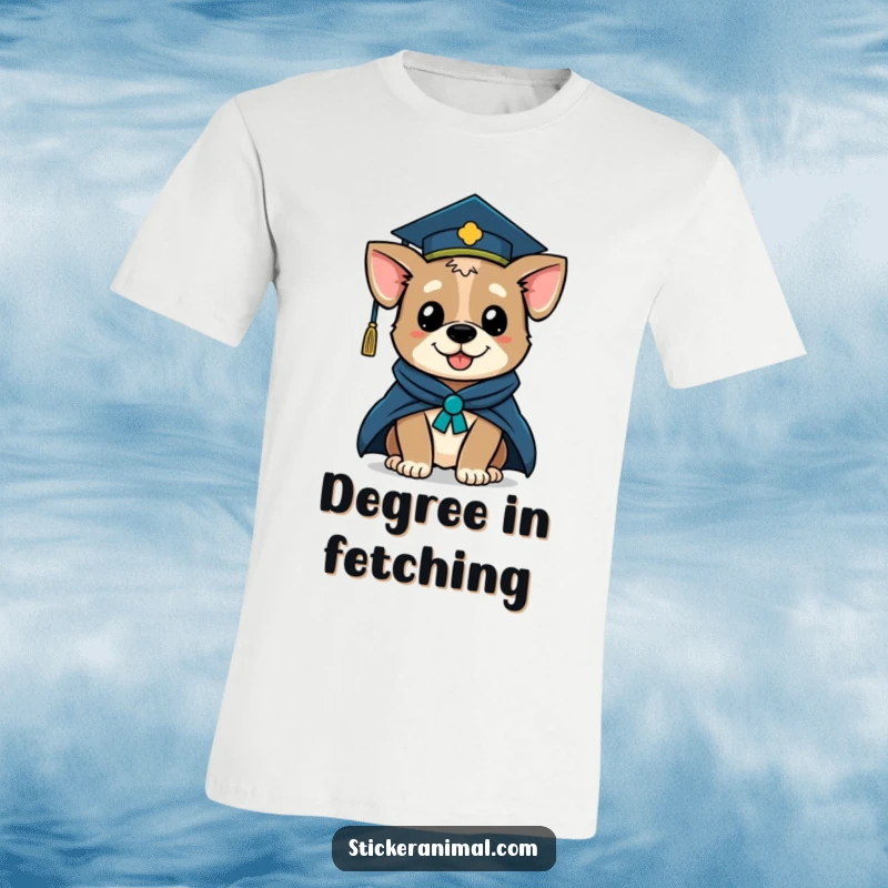 Funny t-shirt depicting a winking dog wearing a graduation cap and academic robe, celebrating achievement with a playful, smart look.