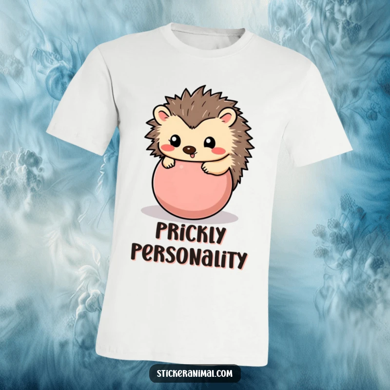 Funny hedgehog t-shirt featuring a happy hedgehog playfully rolled into a ball, showcasing adorable and humorous charm.