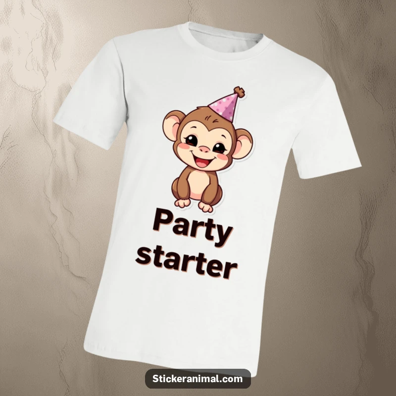 Funny smiling monkey character wearing a festive party hat, showcasing a joyful and celebratory mood.