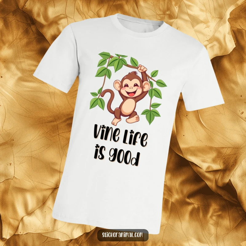 Funny t-shirt featuring a gleeful monkey swinging dynamically from a vine, its mouth wide open in a contagious, joyous giggle.