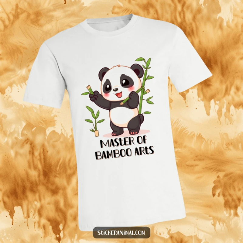 Funny playful panda cub juggling bamboo shoots with glee, featured on a comfortable and fun t-shirt.
