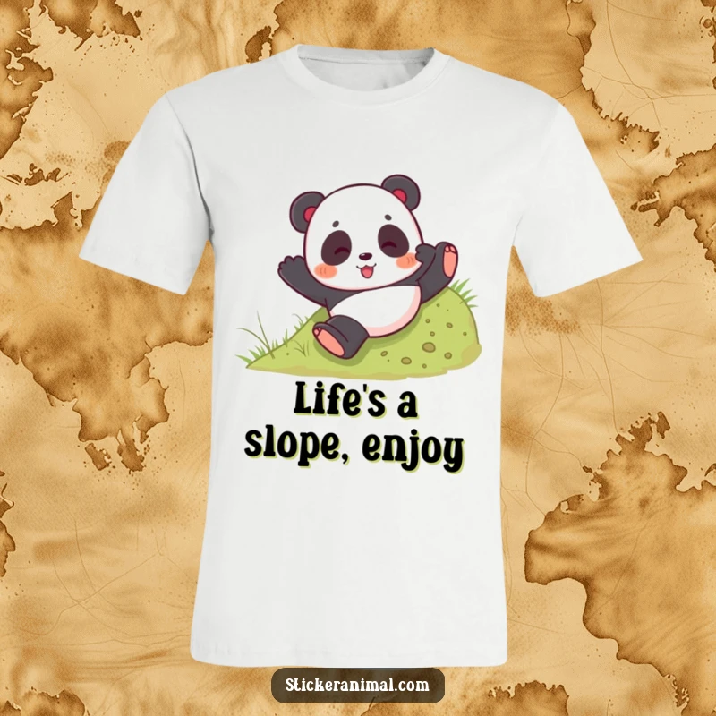 Funny t-shirt featuring a playful panda bear tumbling down a grassy hill with a sense of freedom and joy.