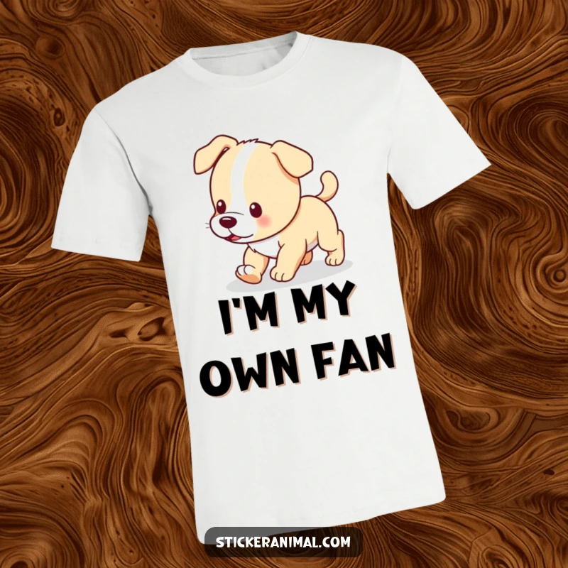 Funny t-shirt showing a curious puppy hilariously trying to catch its wagging tail, great for dog lovers.