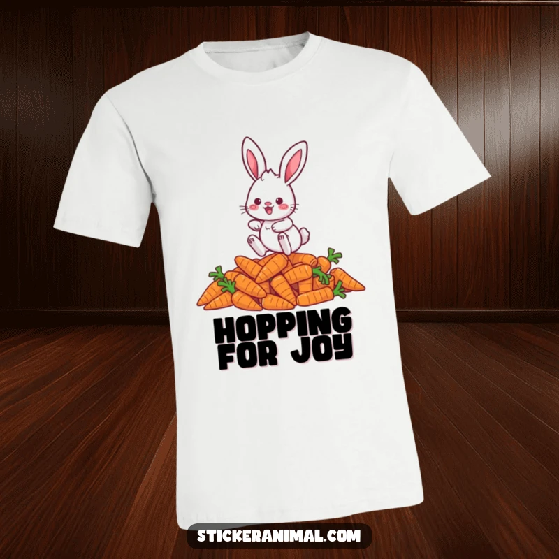 Funny rabbit t-shirt featuring a playful character leaping over a mound of carrots, exuding joy and lightheartedness.