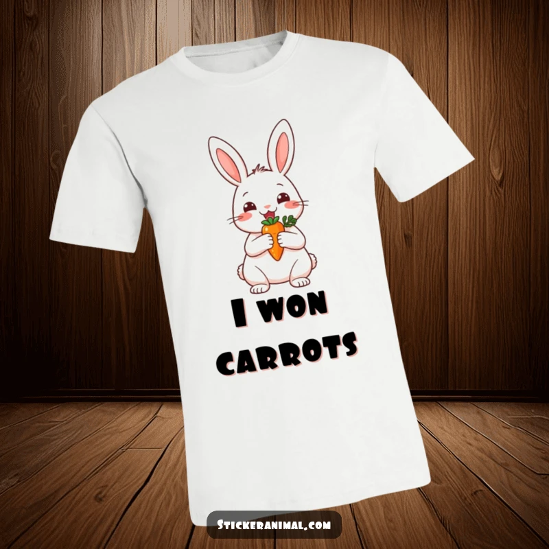 Funny t-shirt depicting a happy rabbit holding a small carrot like a grand trophy, celebrating a sweet victory.
