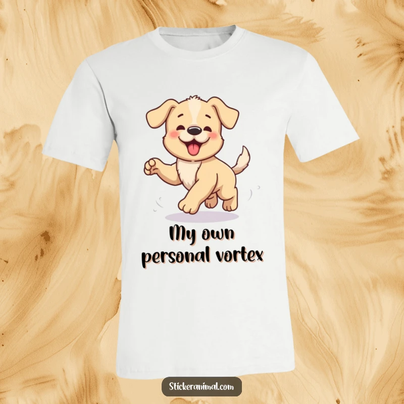 Funny t-shirt showcasing a happy, energetic puppy comically chasing its own tail in endless, amusing circles, radiating pure playful joy.