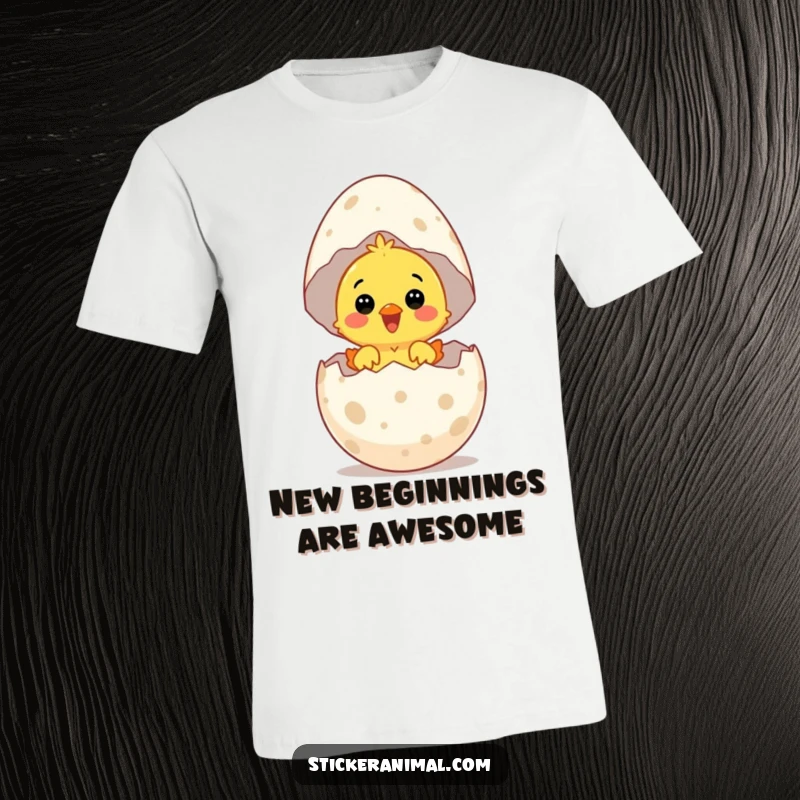 Funny t-shirt featuring a surprised chick hatching from a giant speckled egg with an expression of pure delight.