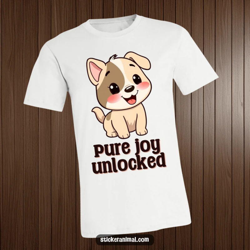 Funny dog t-shirt with a smiling dog character enthusiastically wagging its tail, embodying pure canine happiness and excitement.