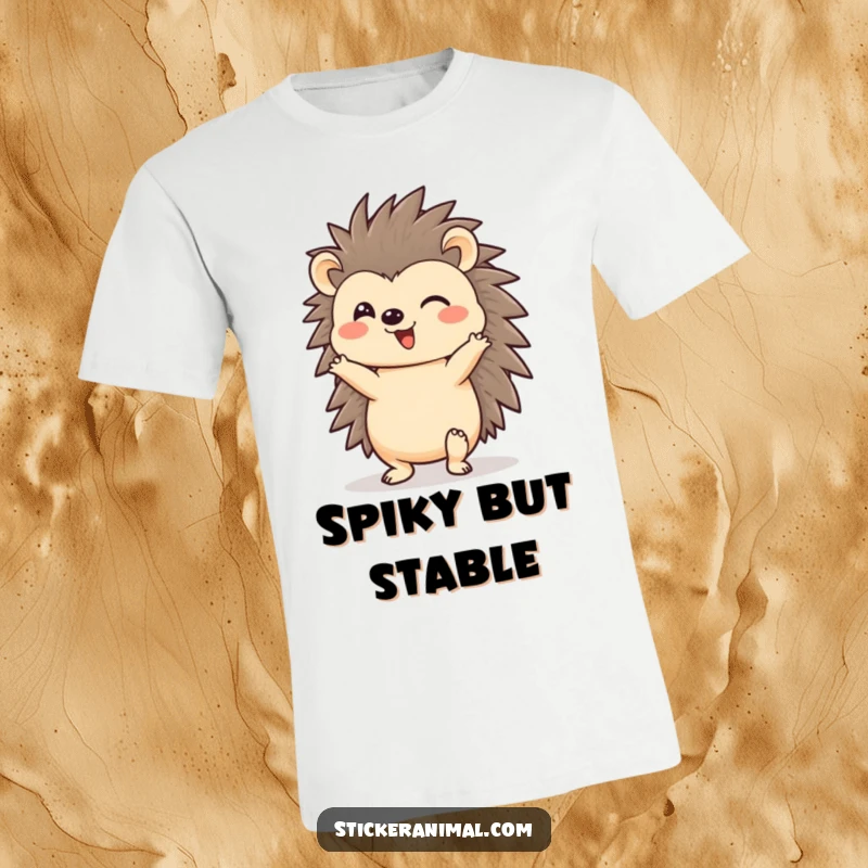 Funny cheerful hedgehog character performing a playful headstand on a t-shirt, conveying joy and humor, ideal for a funny gift.