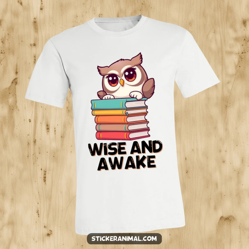 Funny t-shirt features a curious owl character peeking from behind a pile of books, appealing to book lovers.