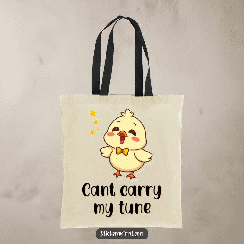 Funny chick wearing a bow on a tote bag, singing its song. Great for musicians and music students.