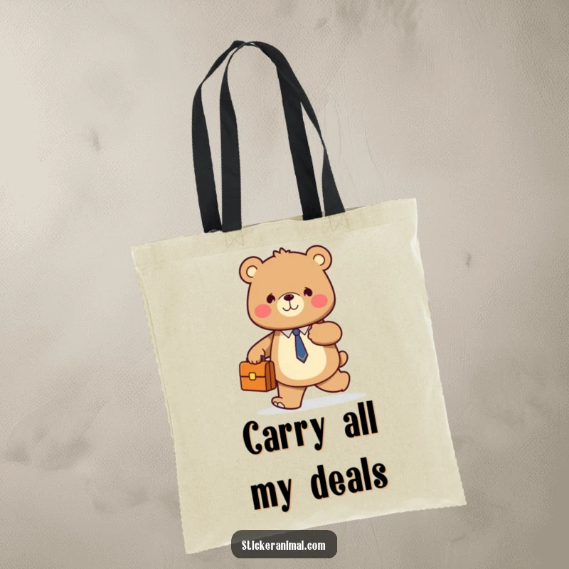 Funny tote bag depicting a smiling bear confidently walking forward, holding a briefcase, practical for daily commutes.