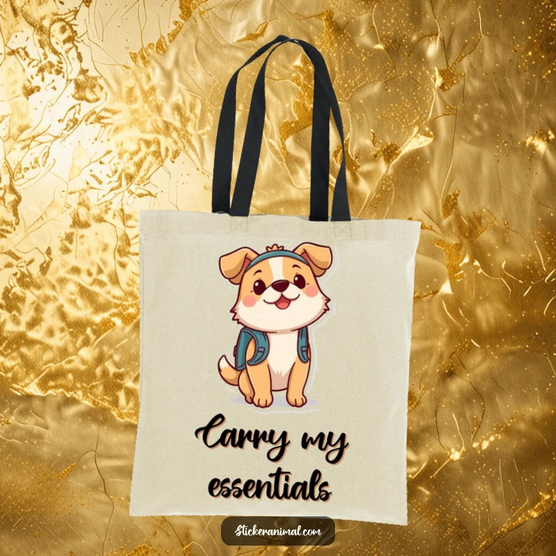 Funny dog with a backpack on a tote bag, symbolizing readiness for any adventure. A great accessory for travelers.