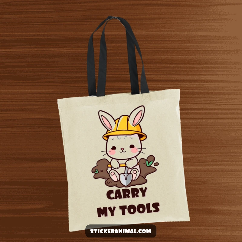 Funny Bunny Tote Bag: A bunny in a hard hat digs with a shovel, perfect for carrying tools and supplies humorously.