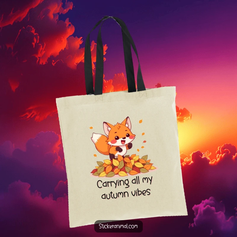 Funny tote bag depicting a playful fox leaping excitedly into a dense collection of colorful autumn leaves, ready for adventure.