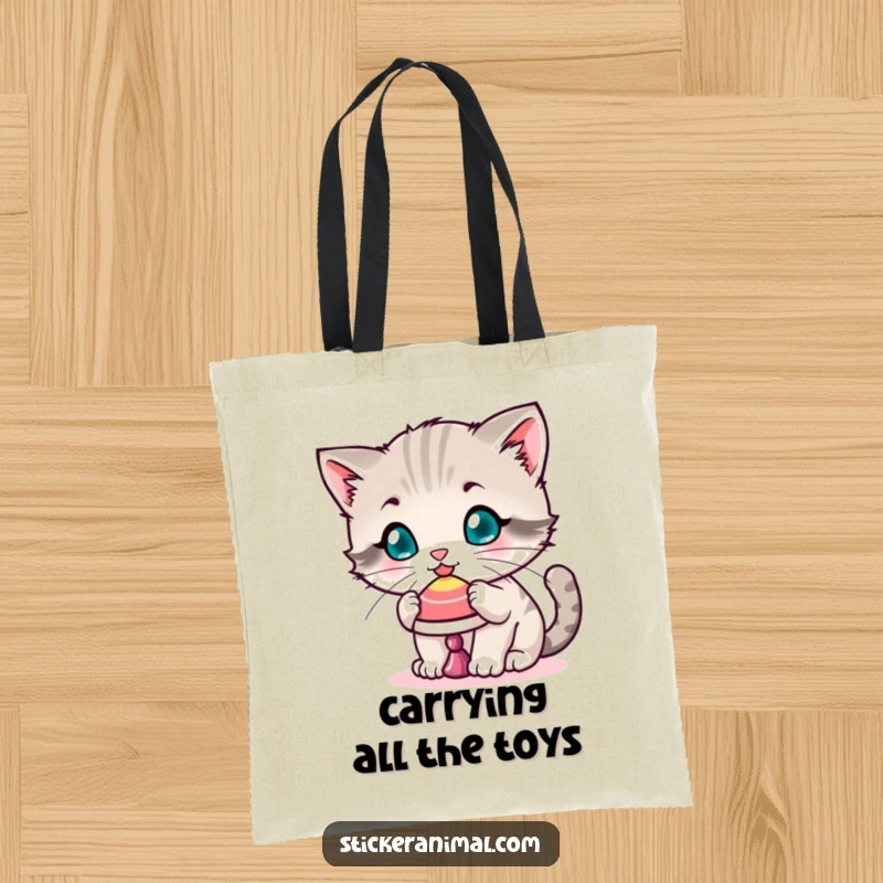 Funny tote bag with a playful kitten balancing a spinning top on its nose, showcasing focus and feline charm for everyday use.