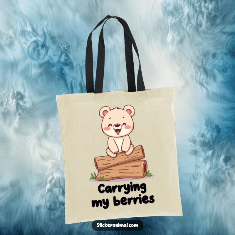 Funny tote bag depicting a happy bear cub balancing on a log, perfect for stylish and humorous carrying.