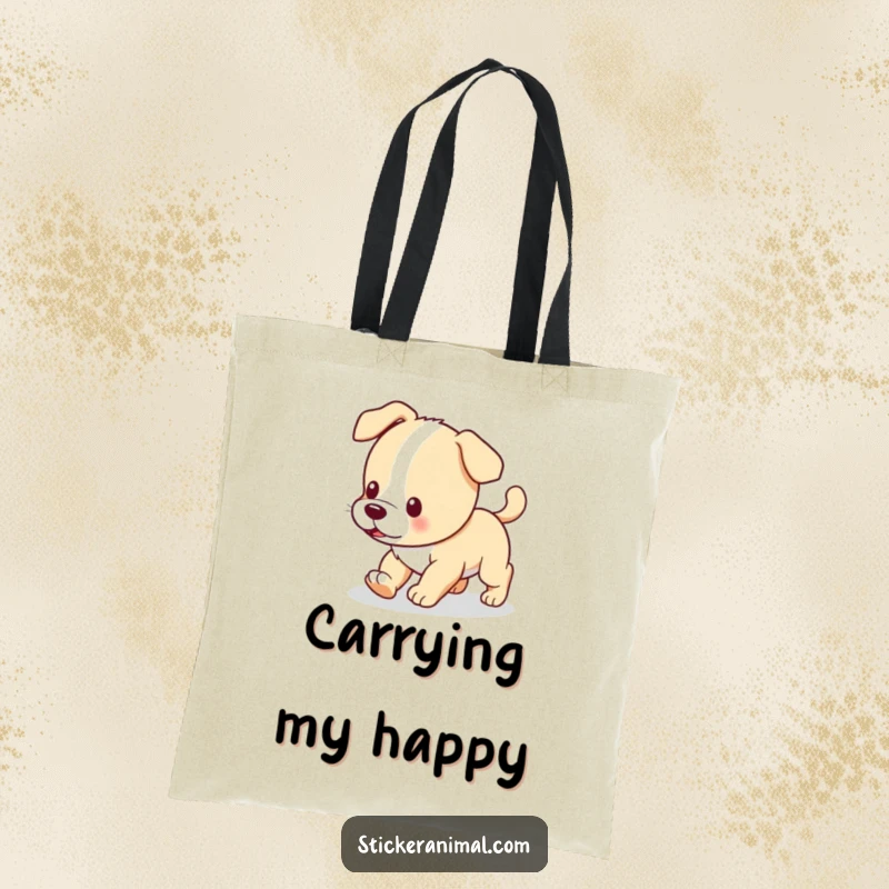 Funny tote bag illustrating a curious puppy chasing its wagging tail, perfect for stylish and humorous carrying.