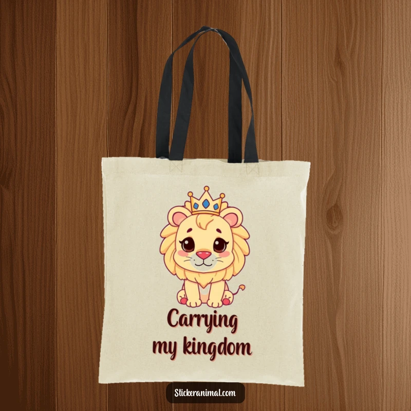 Funny, cute lion character wearing a miniature crown on a reusable tote bag, perfect for carrying essentials in style.