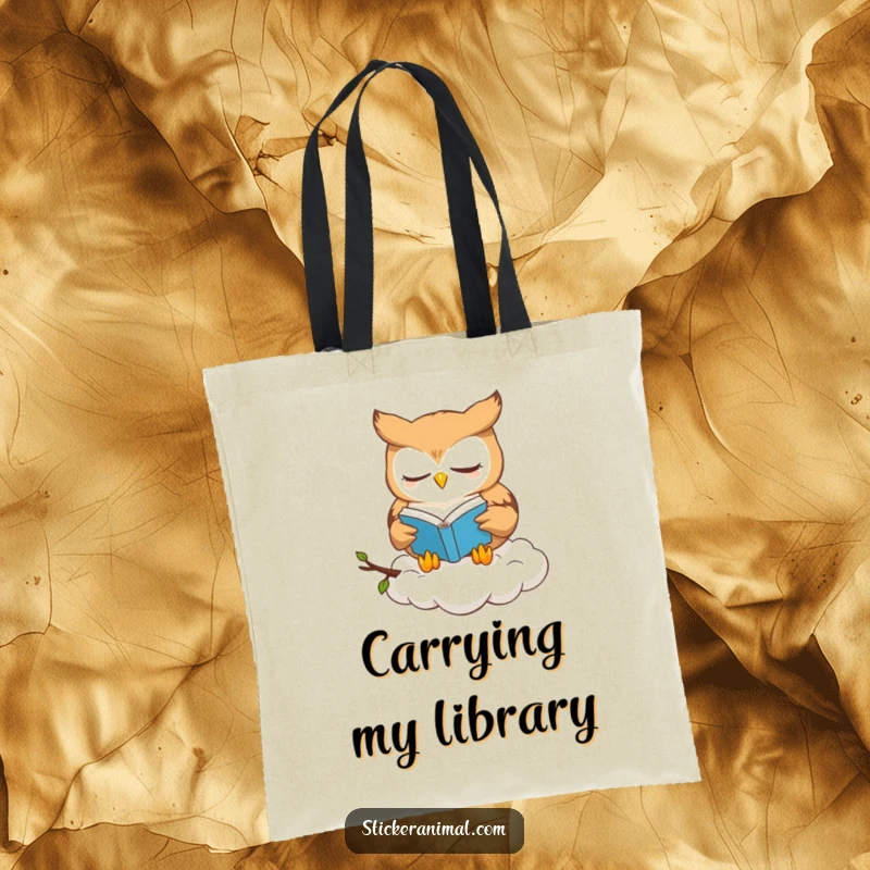 Funny owl book lover tote bag featuring a cute owl character reading a book while perched on a cloud, ready for library trips.