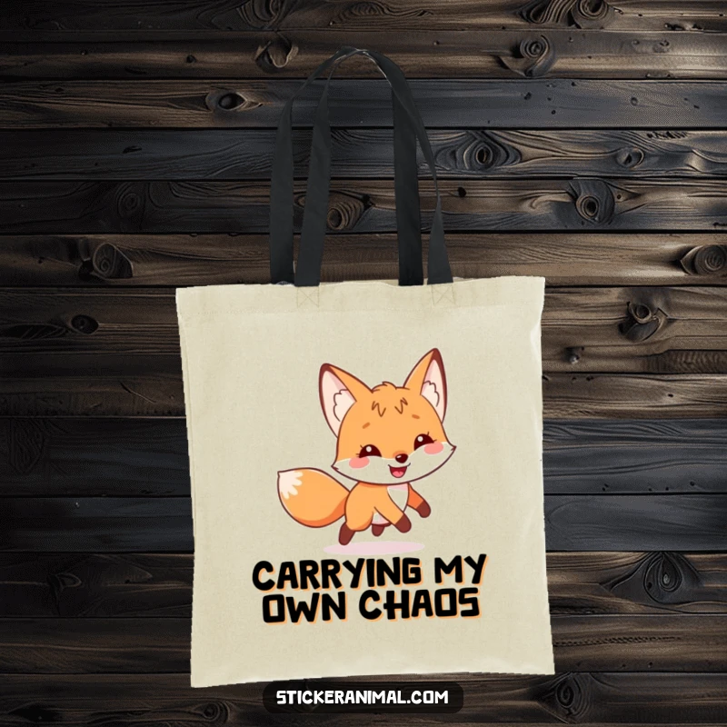 Funny tote bag illustrating a happy fox with a wide grin, endlessly chasing its tail, perfect for everyday use.