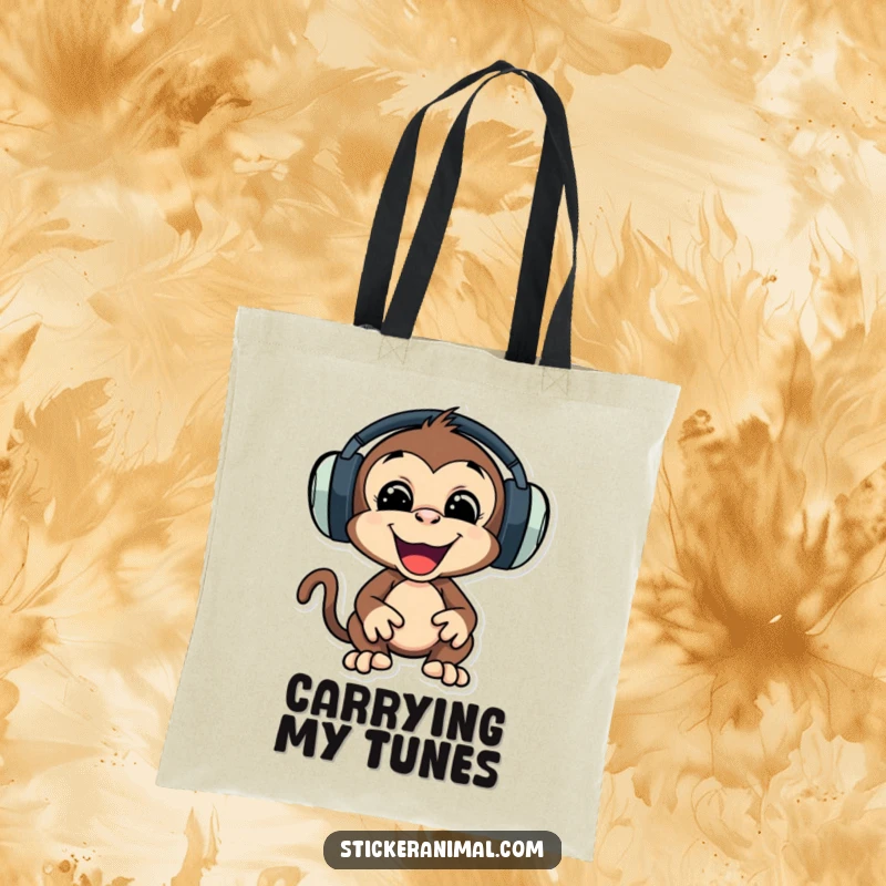 Funny tote bag showcasing a playful monkey character with oversized headphones, bopping its head to music.