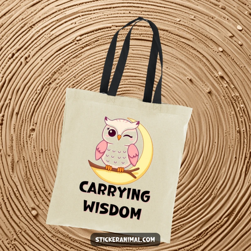 Funny winking owl tote bag featuring a mischievous owl winking from a crescent moon, ideal for carrying essentials with humor.