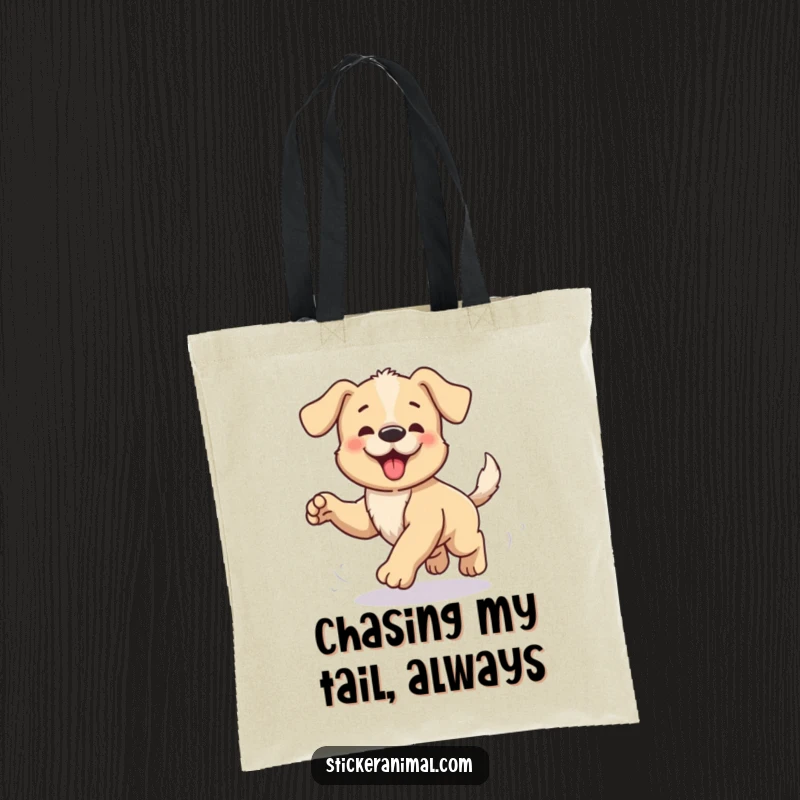 Funny tote bag illustrated with a delighted puppy comically spinning around, enthusiastically trying to catch its tail, a picture of pure fun.