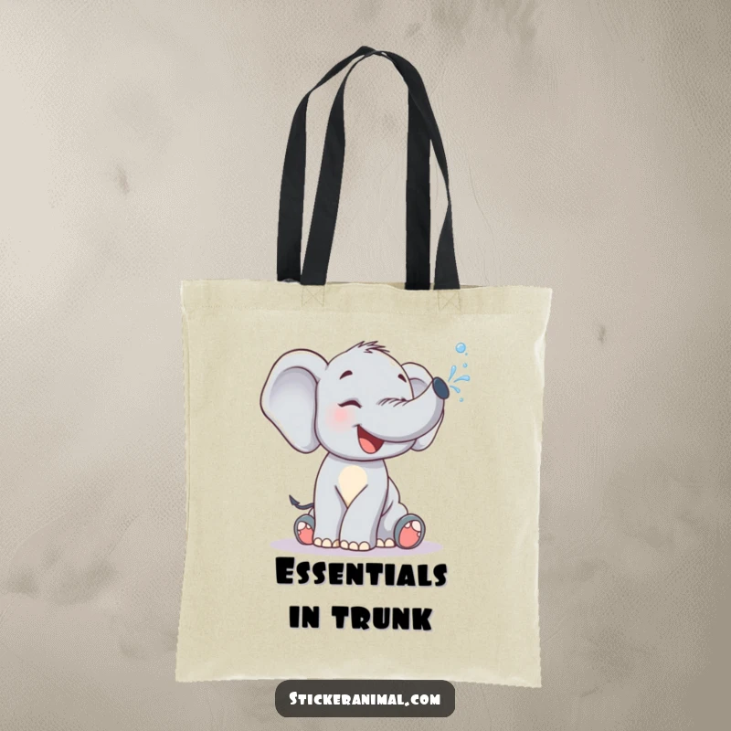 Funny Tote Bag: A giggling elephant calf joyfully spraying water from its trunk, perfect for carrying everyday items.
