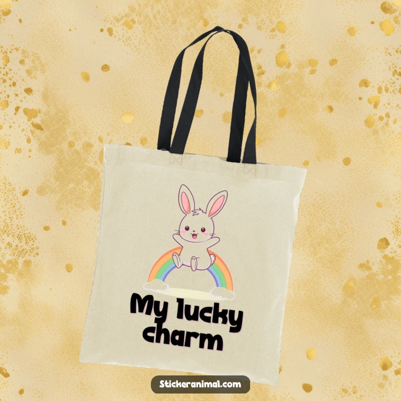 Funny tote bag with a smiling bunny hopping over a rainbow, perfect for stylish and cheerful carrying.