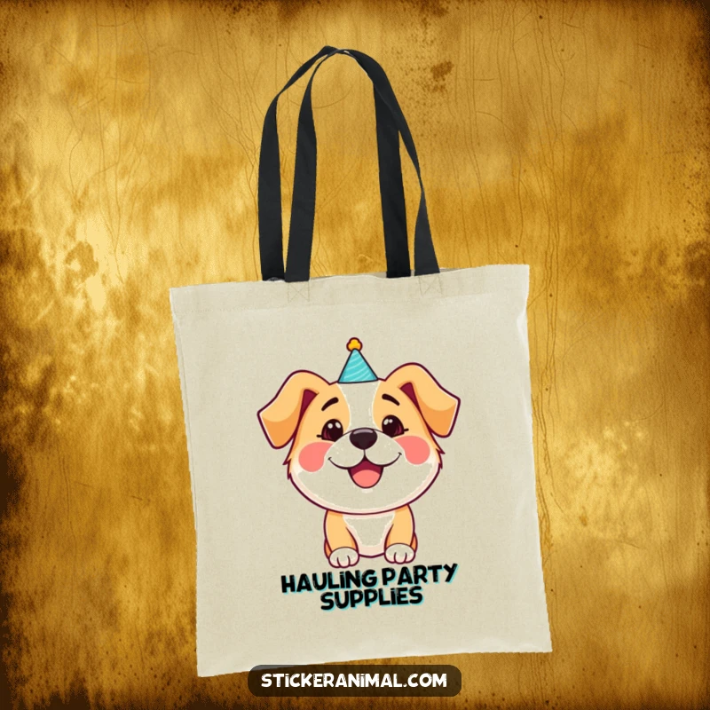 Funny happy dog wearing a small party hat on a tote bag, full of joyous celebration, perfect for a funny gift.