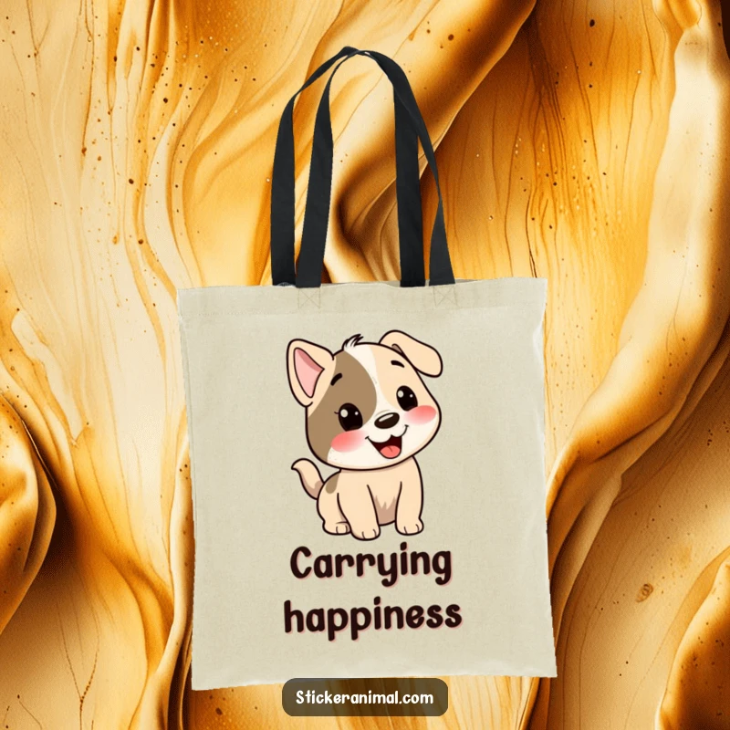 Funny dog tote bag showing a happy dog character with its tail wagging enthusiastically, a cheerful and practical accessory.