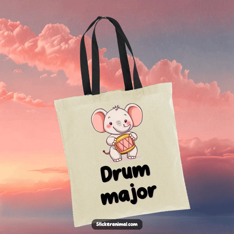 Funny, cheerful elephant character carrying a tiny drum in a tote bag, ready for a musical adventure.