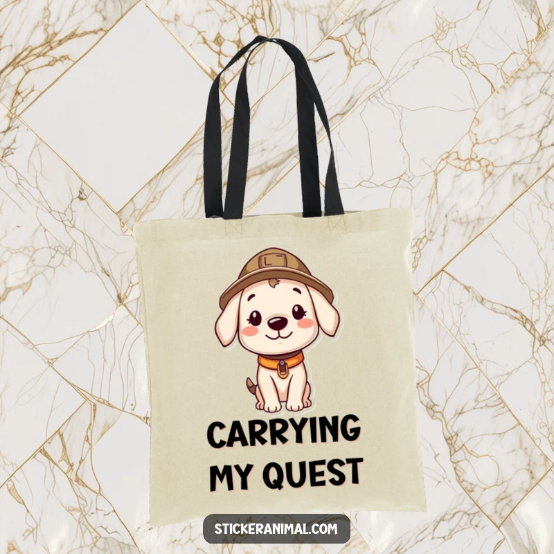 Funny tote bag with a smiling puppy character in an explorer hat, looking around curiously, ready for hilarious expeditions.