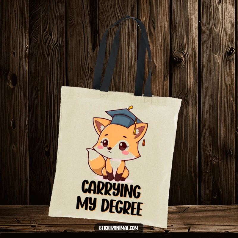 Funny tote bag featuring a cute fox character in a graduation cap, gleefully tossing it upwards in a moment of pure celebration.