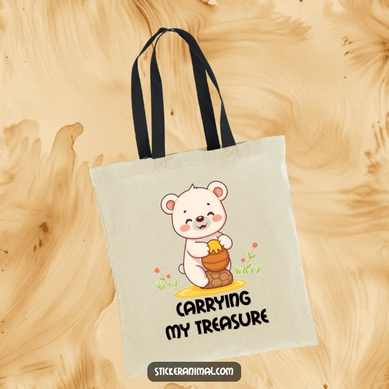 Funny tote bag featuring a happy bear cub balancing a pot of honey, ideal for carrying daily essentials with charm.