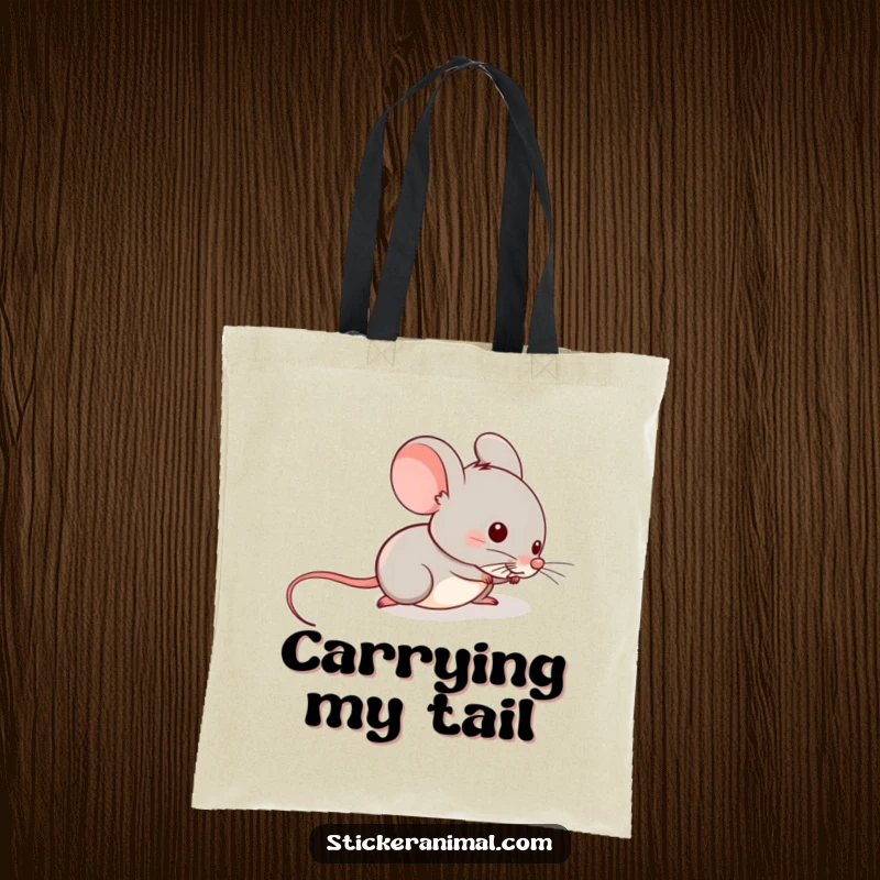 Funny tote bag with a mischievous mouse sliding down a tail, perfect for carrying items with a playful and humorous theme.